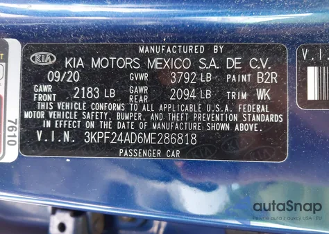 2021 Kia Forte Lxs из США, поврежденный, VIN 3KPF24AD6ME286818